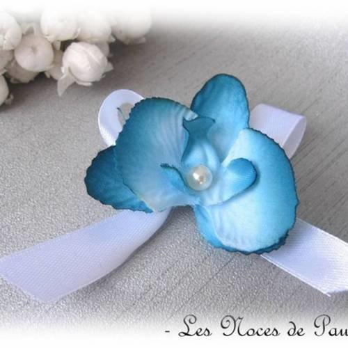Boutonnière turquoise orchidée version ruban noeud a 