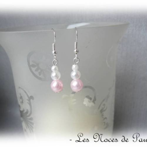 Boucles d'oreille rose et blanc à trois 3 perles 