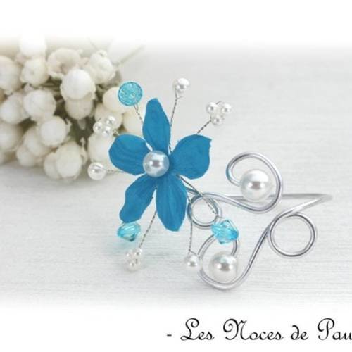 Bracelet mariage turquoise et blanc fleurs de satin anaïs 