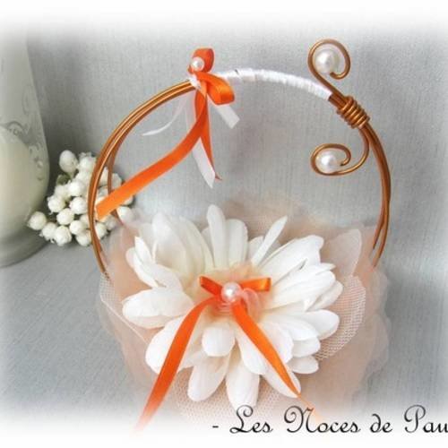 Porte alliances blanc et orange à fleur anneaux mariage "volutes" b
