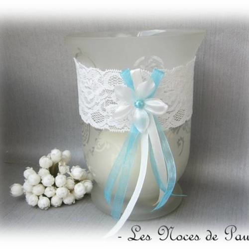 Jarretière de mariage ivoire et turquoise dentelle et fleur de satin 