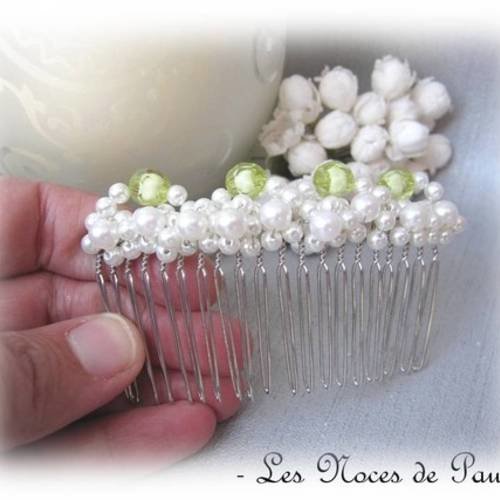 Peigne mariage blanc et vert à facettes à petites perles, argent b 