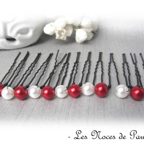 Pics à chignon blanc et rouge nacrés simples x 12 a