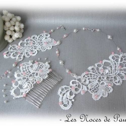 Parure mariage à dentelle ivoire et rose lucille, collection les textiles 4 pièces a 