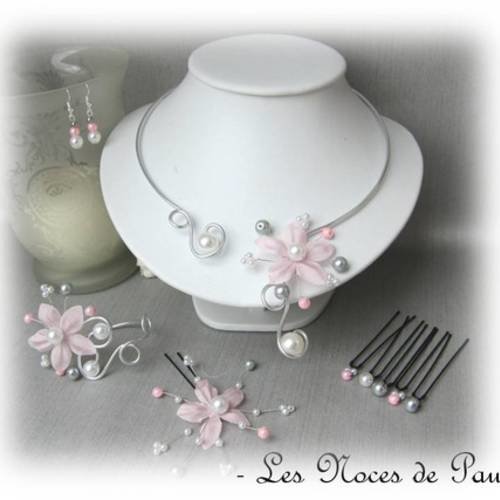 Parure mariage rose, gris et blanc à fleurs de soie anaïs 10 pièces b 