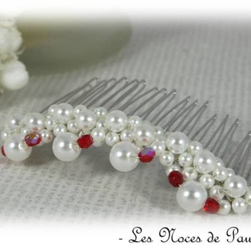 Peigne mariage blanc et rouge à petites perles, argent a