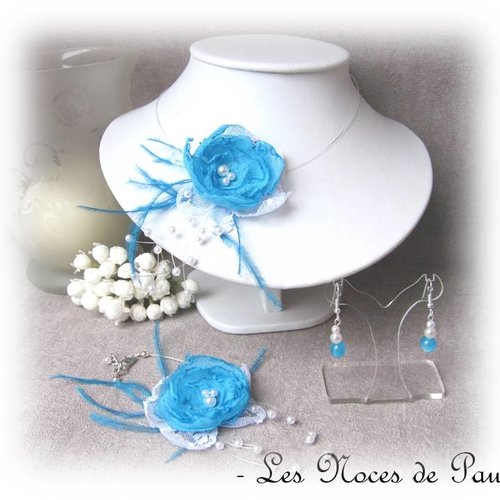 Parure mariage à fleur turquoise camélia, collection les textiles 3 pièces a 