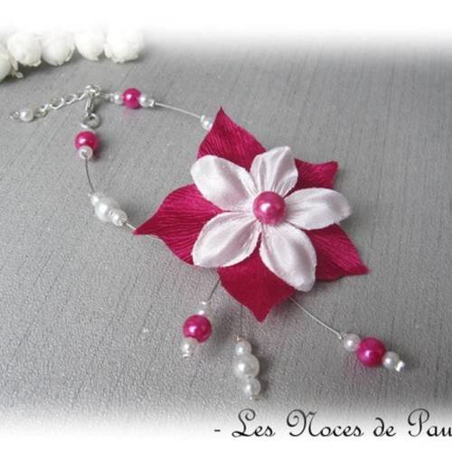 Bracelet mariage rose fuchsia et blanc fleur de satin julia 