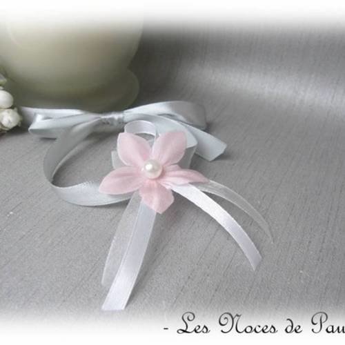 Bracelet ruban rose blanc et gris fleur en soie 