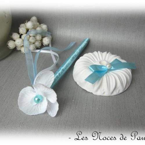 Porte stylo mariage blanc et turquoise orchidée a 