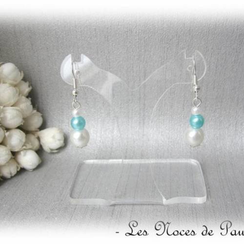 Boucles d'oreille blanc et turquoise 3 perles 'tradition' 