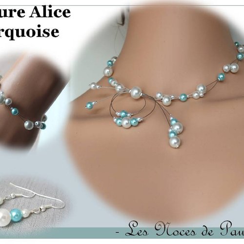 Parure mariage blanc et turquoise en perles alice  'tradition' 3 pièces 