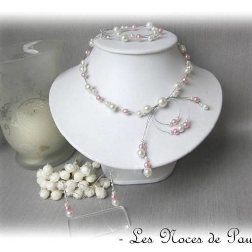 Parure mariage ivoire et rose en perles alice  'tradition' 3 pièces 