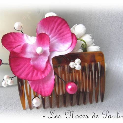 Peigne mariage fuchsia et blanc orchidée a 