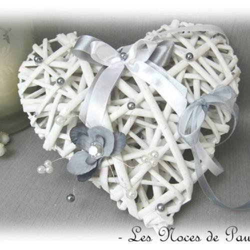 Porte alliances blanc, gris et strass orchidée cœur mariage 