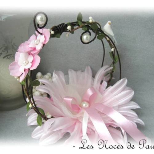 Porte alliances rose et ivoire anneaux mariage fleur & colombe, thème champêtre