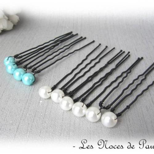 Pics à chignon blanc et turquoise simples lot de 10 a 