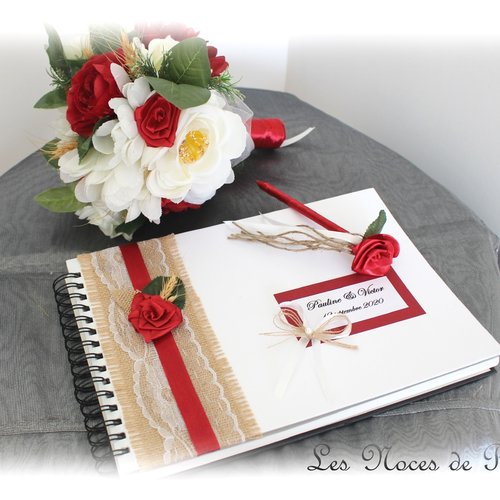Livre d'or de mariage rouge et blanc champêtre, livre d'or personnalisé, album mariage sur mesure