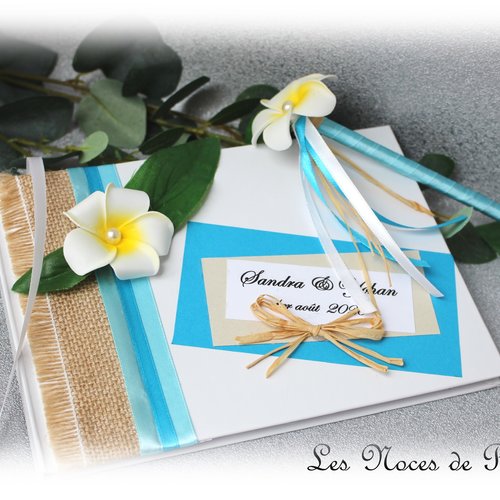 Livre d'or mariage turquoise à fleur de frangipanier, cadeau mariage, livre d'or personnalisé, thème tropical