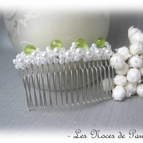 Peigne mariage blanc et vert à facettes à petites perles, argent a