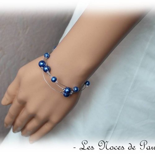 Bracelet bleu roi en perles trois rangs mélodie