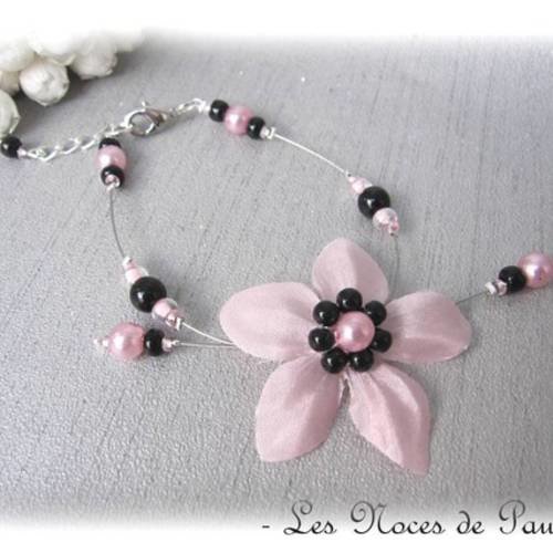 Bracelet mariage rose et noir à fleurs de soie eva collection 'tradition' 