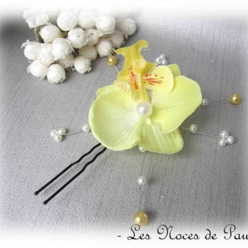 Pic à chignon jaune et blanc orchidée, bijou mariage b