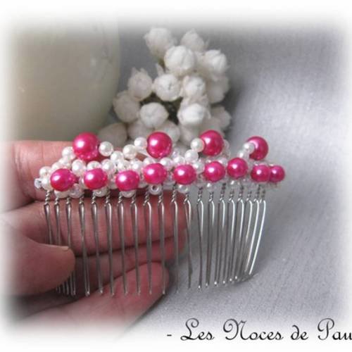 Peigne mariage rose fuchsia et blanc à petites perles, argent b