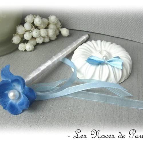 Porte stylo mariage bleu et blanc fleur 