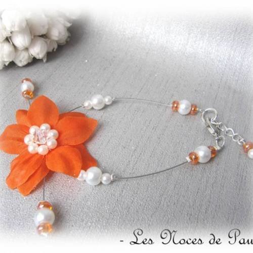 Bracelet mariage orange et blanc à fleurs de soie eva collection 'tradition' e 