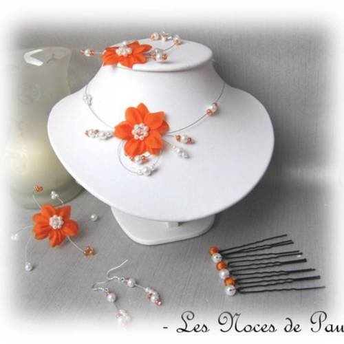 Parure mariage orange et blanc à fleurs de soie eva 10 pièces e 