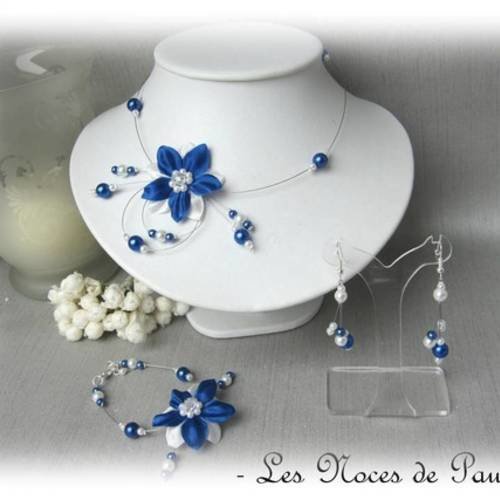 Parure mariage bleu royal et blanc à fleurs de soie eva 3 pièces 