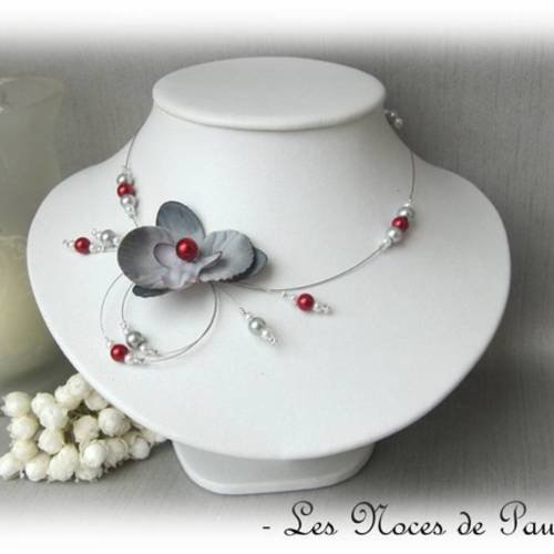 Collier mariage gris, rouge et blanc orchidée candice 