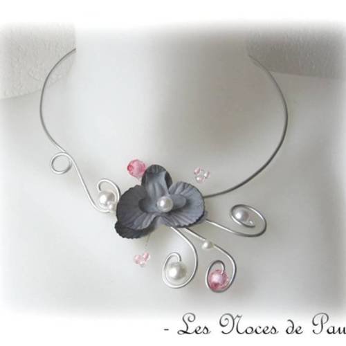 Collier gris, blanc et rose orchidée justine v2 'les volutes' 