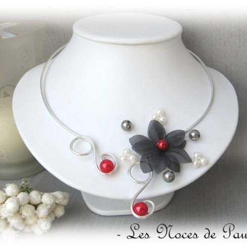 Collier mariage gris, rouge et ivoire à fleurs de soie anaïs, collier à fleur rouge