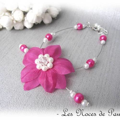 Bracelet mariage à fleur fuchsia et blanc soie eva collection 'tradition' d 
