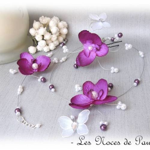 Parure mariage violet et blanc orchidée papillon esther 10 pièces c 