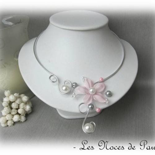 Collier mariage rose, gris et blanc fleurs de soie anaïs c 