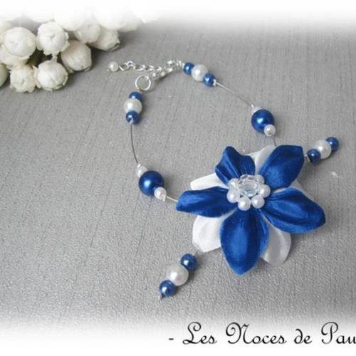 Bracelet mariage bleu royal et blanc à fleurs de soie eva collection 'tradition' 