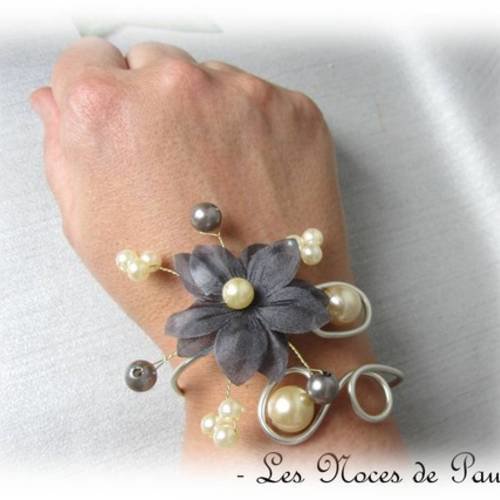 Bracelet mariage gris jaune ivoire fleurs de soie anaïs d 