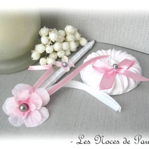 Porte stylo mariage rose blanc et gris fleur 