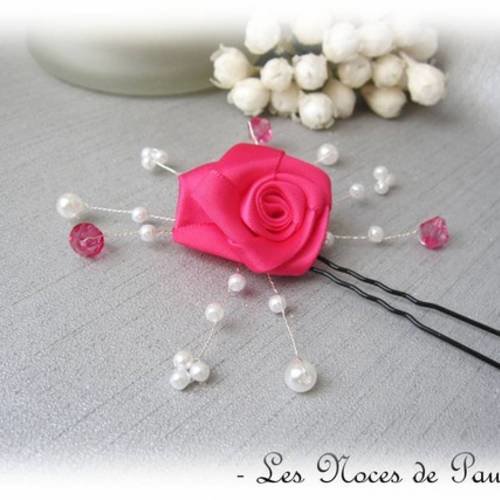 Pic à chignon rose fuchsia et blanc rose "bijou" mariage