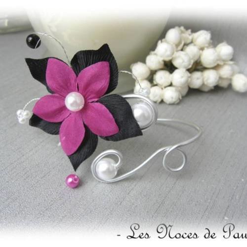 Bracelet mariage fuchsia, noir et blanc fleurs de soie nina