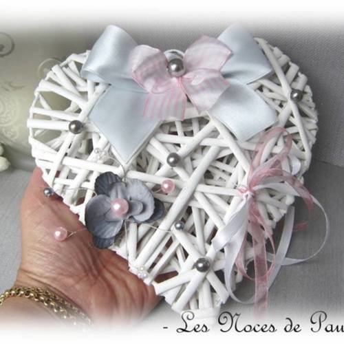 Porte alliances rose, gris et blanc orchidée coeur mariage 