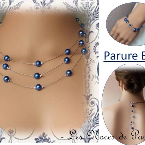 Parure bleu roi perles sur trois rangs elisa