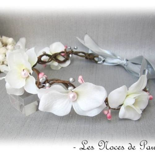 Couronne de fleurs mariage blanc, rose et argent orchidée 
