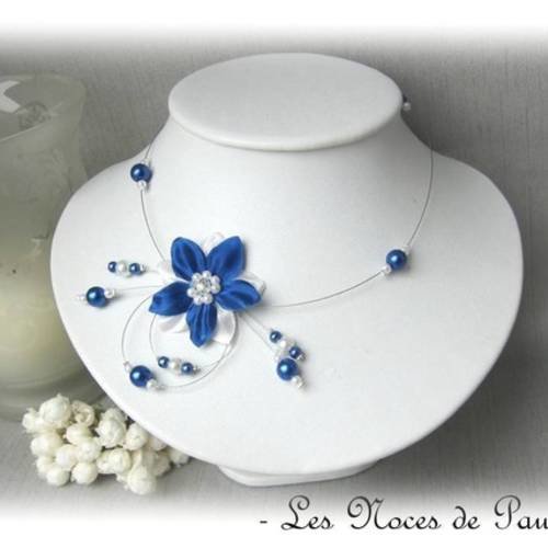 Collier mariage bleu royal et blanc à fleurs de soie eva collection 'tradition'a 