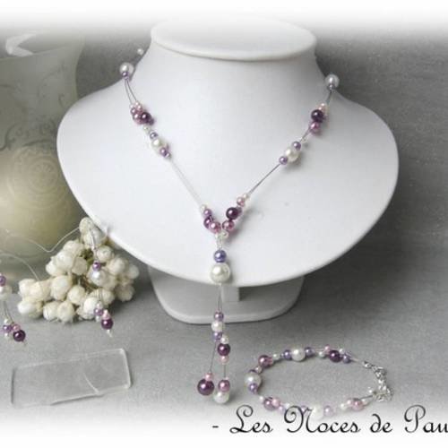 Parure mariage violet, parme et ivoire à pendants lara 3 pièces 