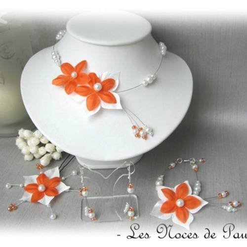 Collier mariage orange et blanc fleur de satin julia 