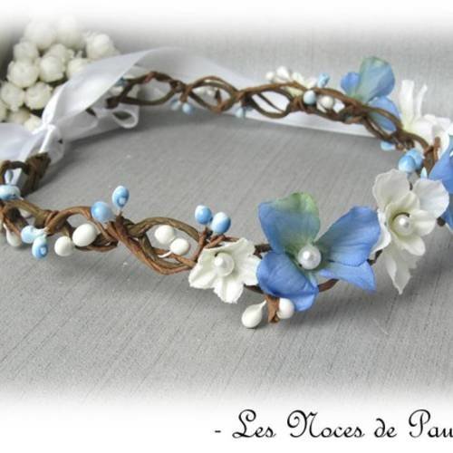 Couronne de fleurs mariage bleu et blanc orchidée 